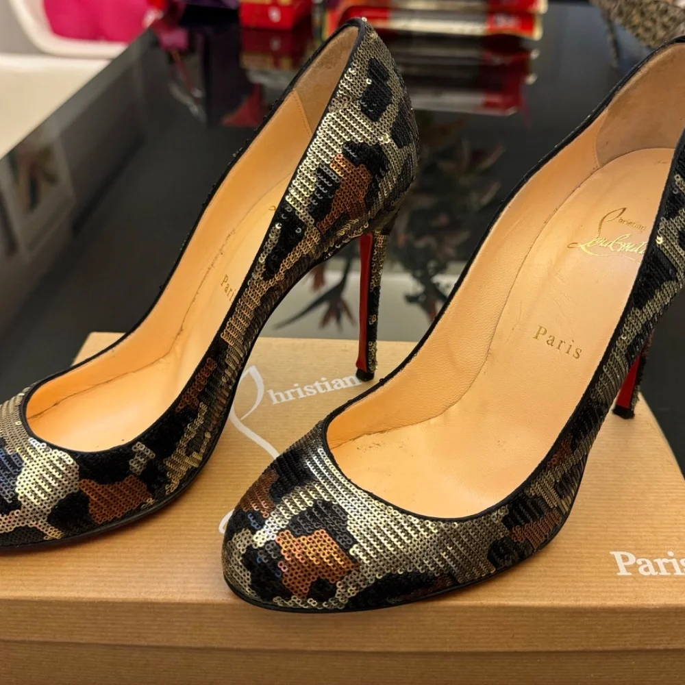 Christian Louboutin Fifi Leopard Print Sequin Heels Mint Condition Super Rare - Picture 2 of 4